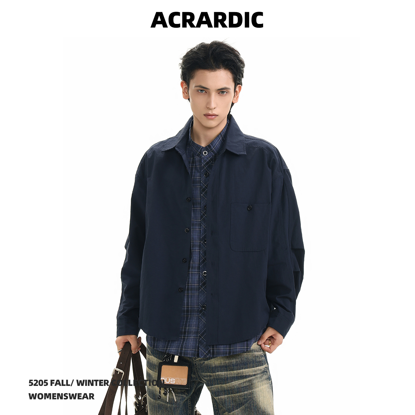 ACRARDIC潮牌格子拼接假两件工装衬衫男美式复古宽松长袖衬衣外套