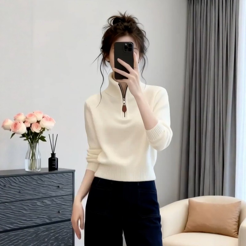 大码白色高领半拉链毛衣针织衫女秋冬加厚宽松内搭打底衫保暖上衣