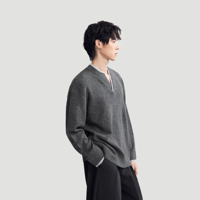 HERBEL/黑白 V领毛衣男款2025年冬季新款百搭纯色保暖针织衫毛衣