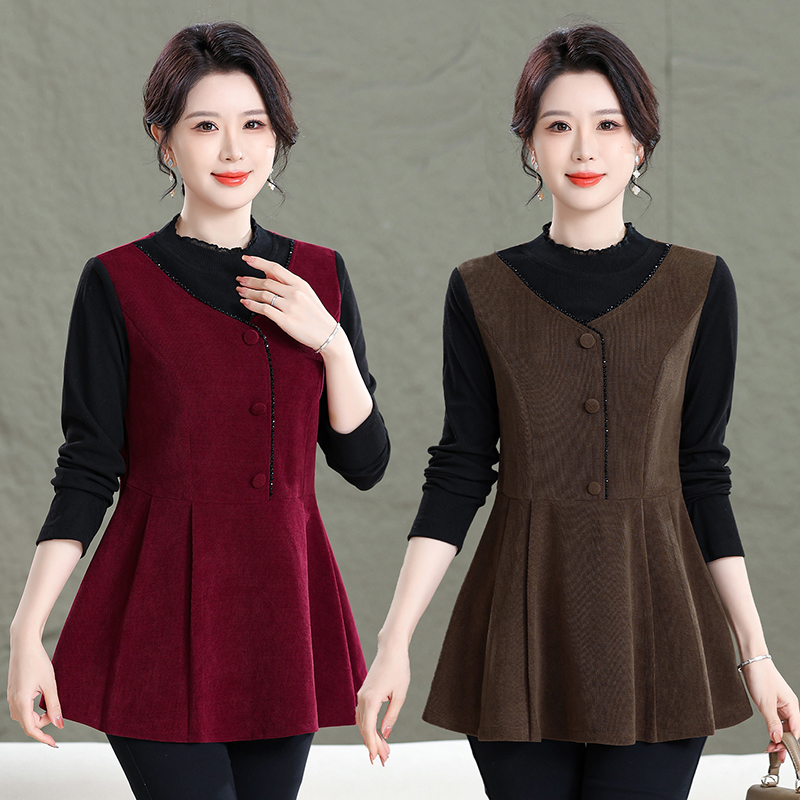 冬季加绒加厚款遮肉显瘦女中长款打底外穿中年妈妈假两件上衣女装