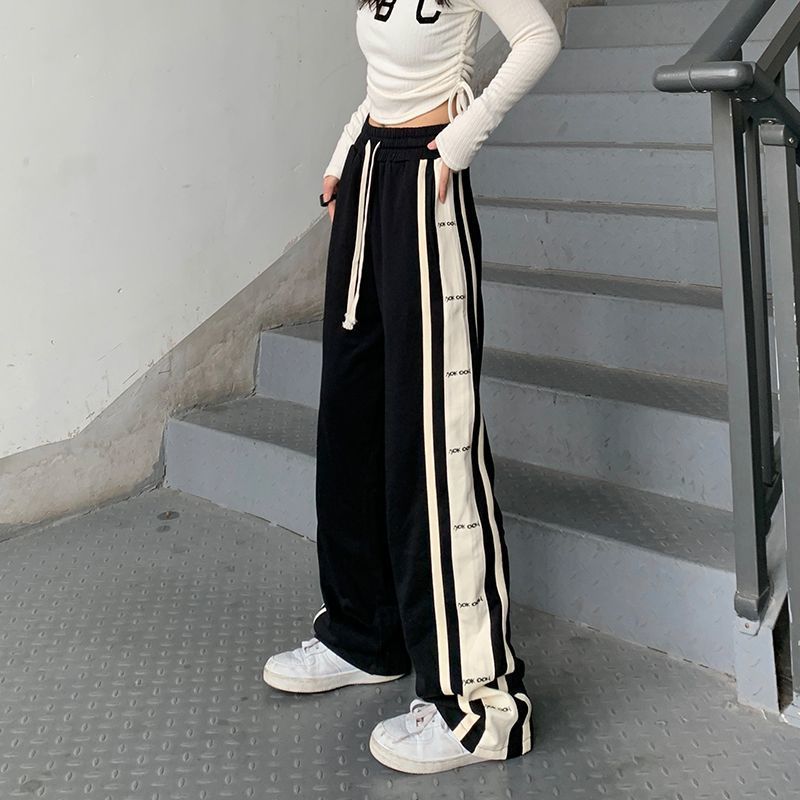 条纹阔腿裤女学生春秋新款ins休闲垂感拖地长裤宽松直筒运动裤潮