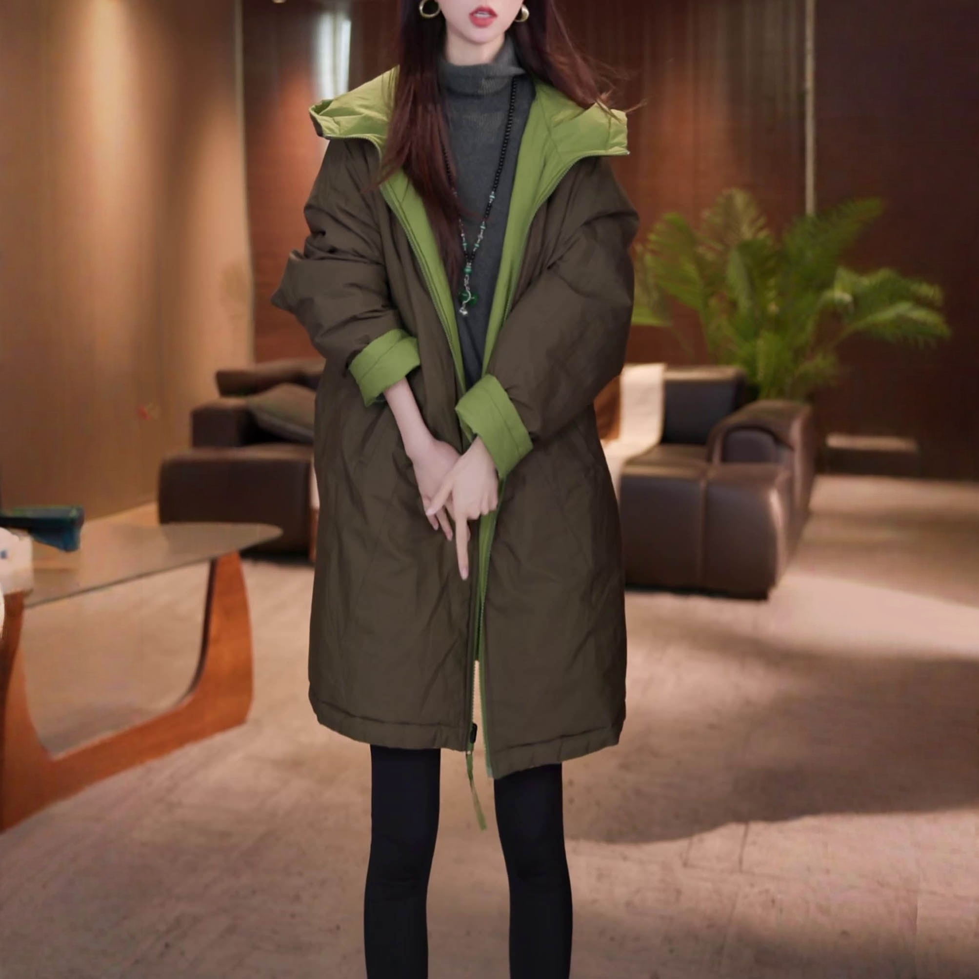 洋气百搭中长款连帽棉衣外套2026冬季新款时尚加厚保暖双面穿棉服