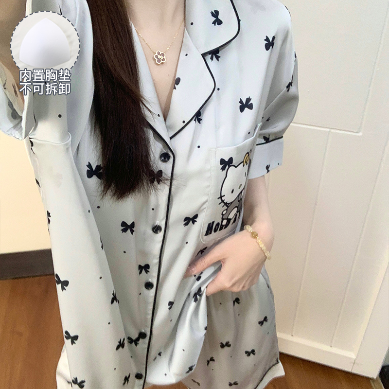 带胸垫冰丝睡衣女款爆款2025新款家居服春夏季学生短袖甜美风套装