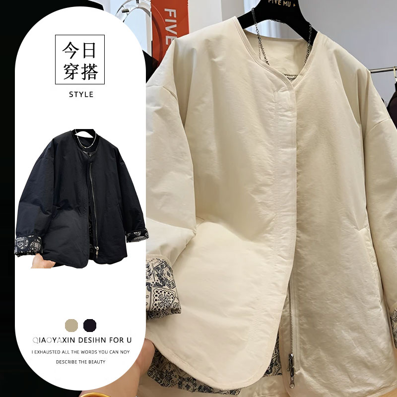 复古圆领棉服独特设计休闲秋冬外套春秋长袖百搭外套女秋季外套女