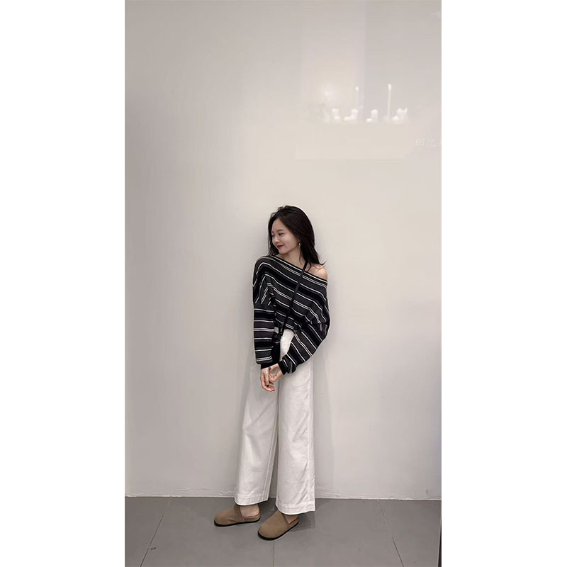 2025秋季新款修身显瘦网红穿搭露肩条纹上衣休闲简约阔腿长裤套装