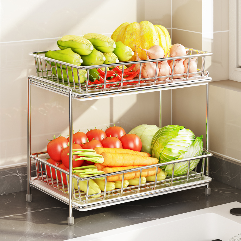 304不锈钢蔬菜置物架厨房双层台面菜篮子洗水果沥水篮果蔬收纳筐