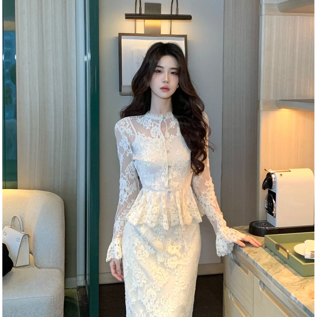 木子李的李皎月凝霜2025早秋优雅修身蕾丝套装长袖收腰直筒半身裙