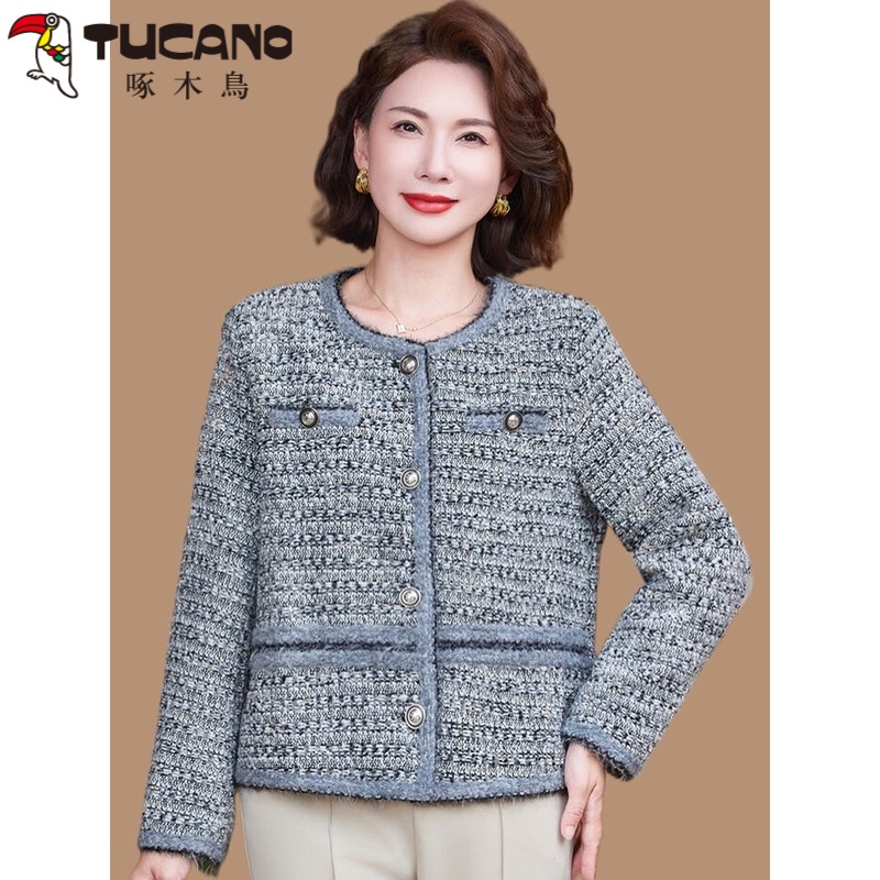 啄木鳥妈妈秋装小香风洋气外套2025新款中老年女装秋秋时尚圆领西