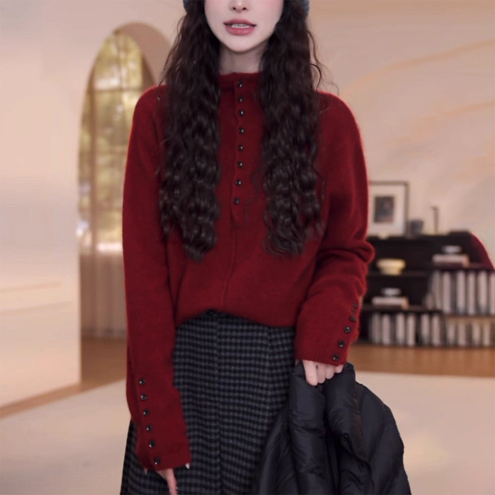 韩系慵懒风百搭显瘦针织毛衣女2025冬季新款时尚半高领纽扣针织衫