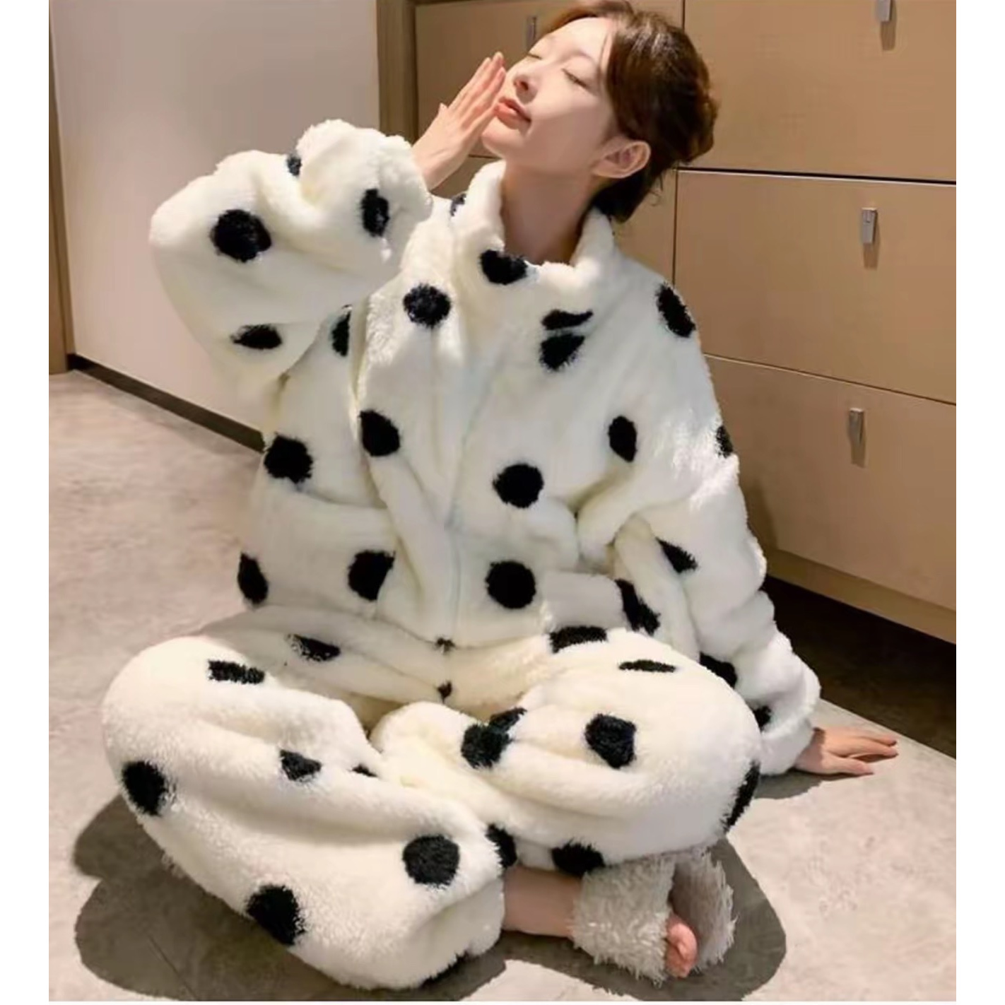 【加厚波点】冬款睡衣带袖子毛绒睡衣加厚可外穿休闲韩版宽松显瘦