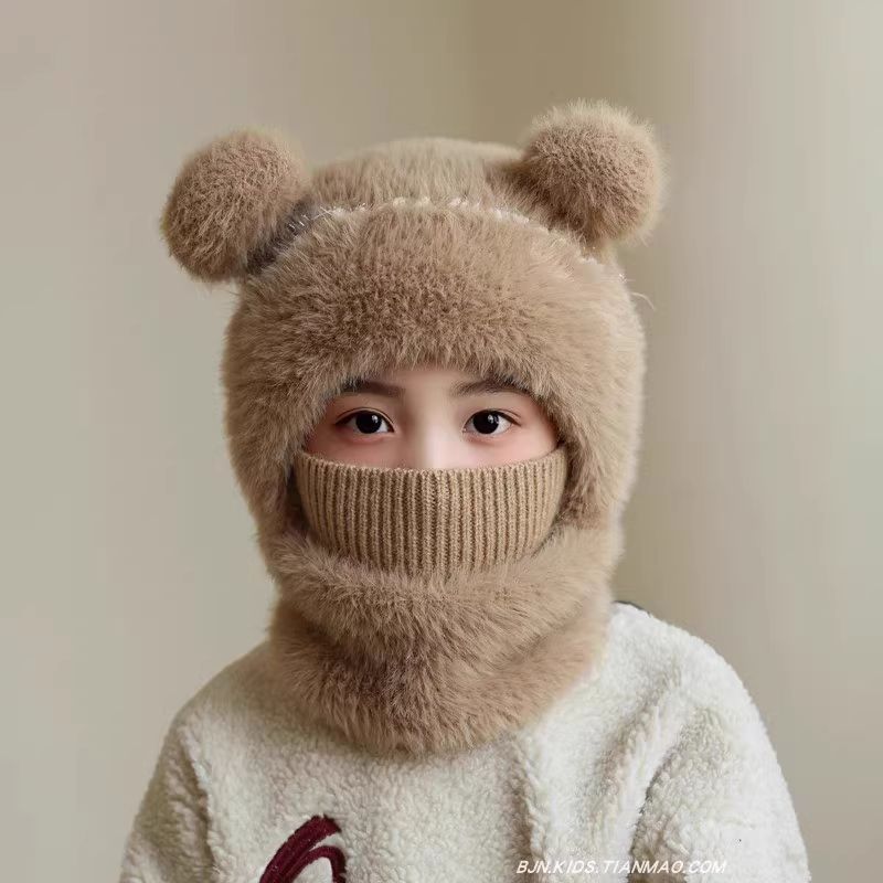 儿童一体帽秋冬季男女童毛绒帽子围脖套装保暖宝宝防风护耳套头帽
