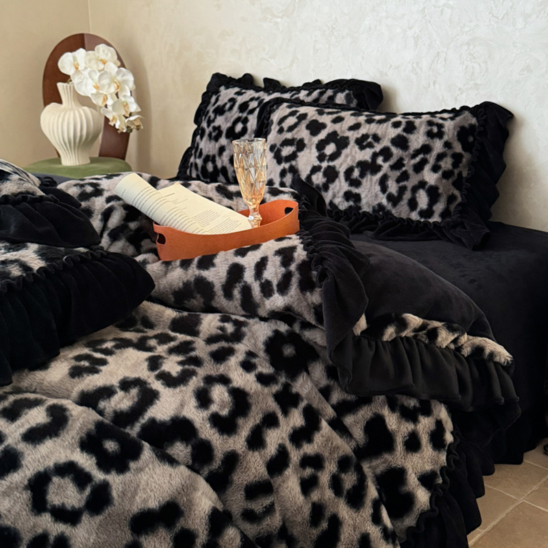轻奢豹纹兔毛绒牛奶绒四件套冬季加厚保暖花边被套床单三件套床品