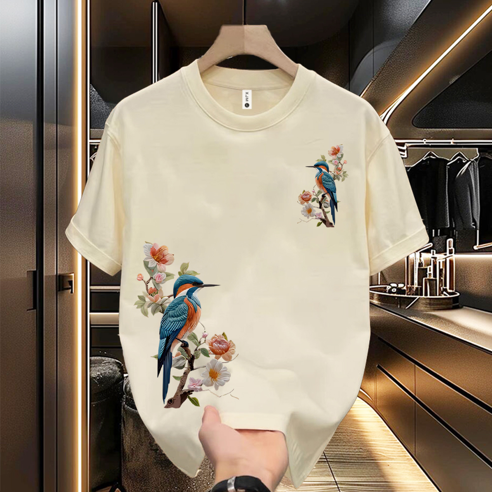 美式痞帅重磅纯棉短袖-国风黑白花朵 青年男女潮牌宽松百搭圆领 