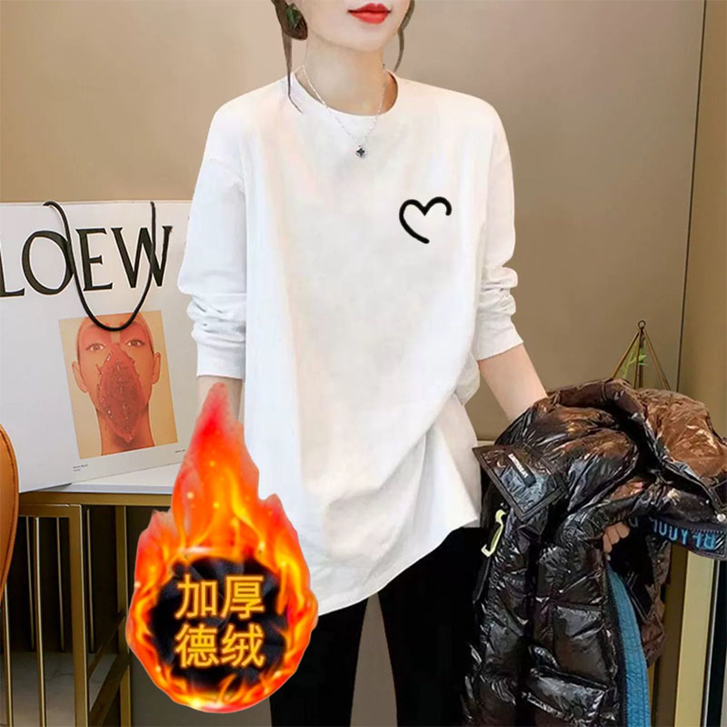 ANY女款大码德绒宽松圆领T恤中长款加绒t恤女保暖上衣长袖秋冬