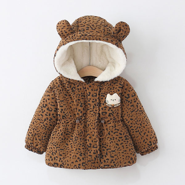 童装女童棉服外套冬季加厚加绒儿童女宝宝豹纹连帽保暖棉袄外衣