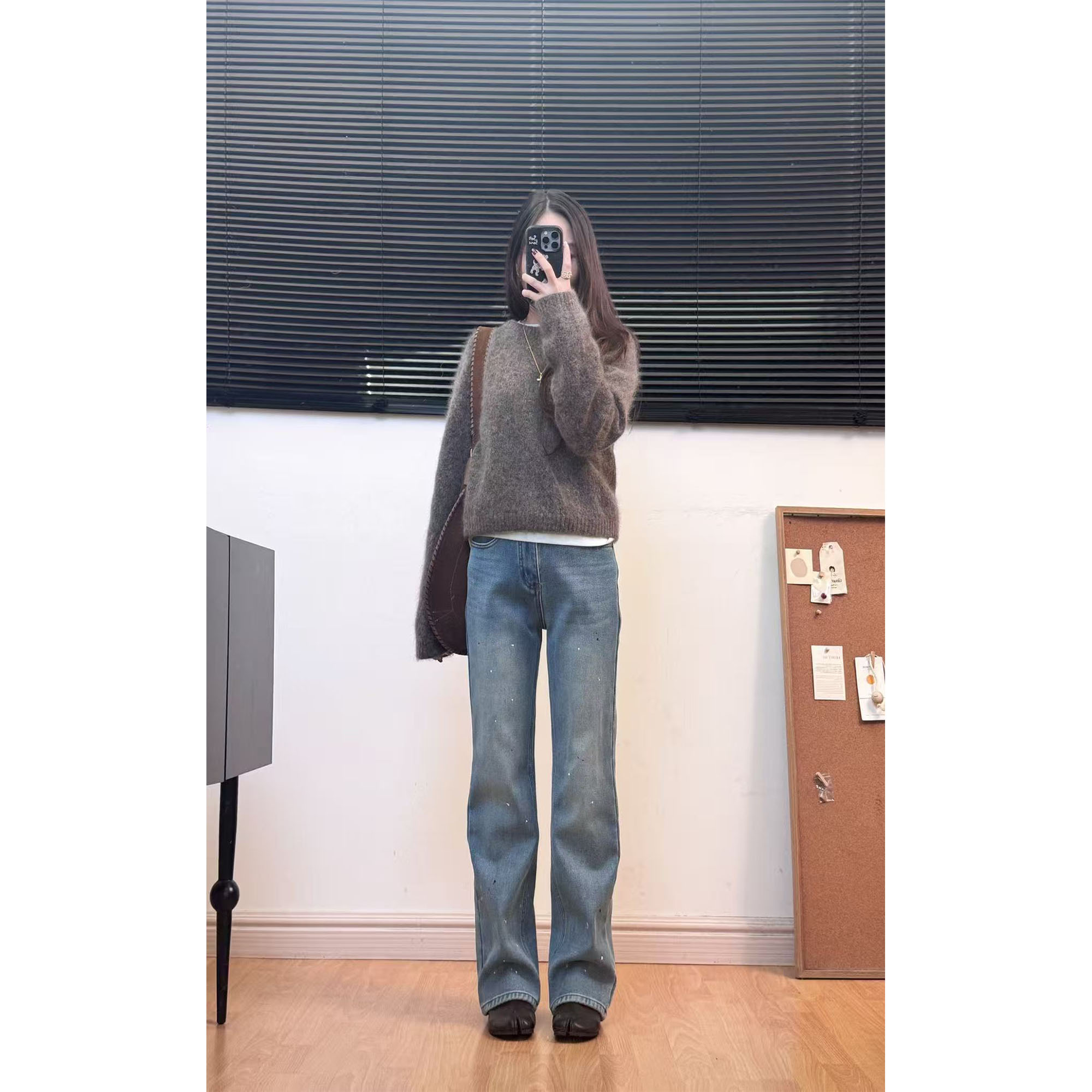 【空白剧本】冬季加绒保暖泼墨高腰休闲梨形低弹窄版直筒牛仔裤女