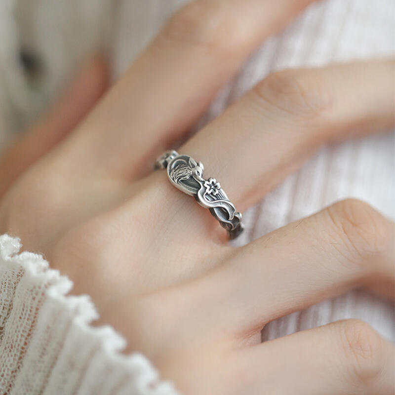 足银玻璃戒指 新中式足银 复古浮雕小狐狸开口纯银戒指女古风精美