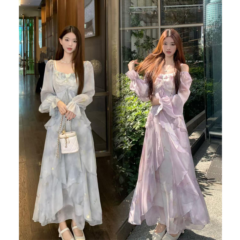 大码【雾霭鎏蓝】气质华丽仙气花边蝴蝶长袖烫金荷叶边法式吊带裙