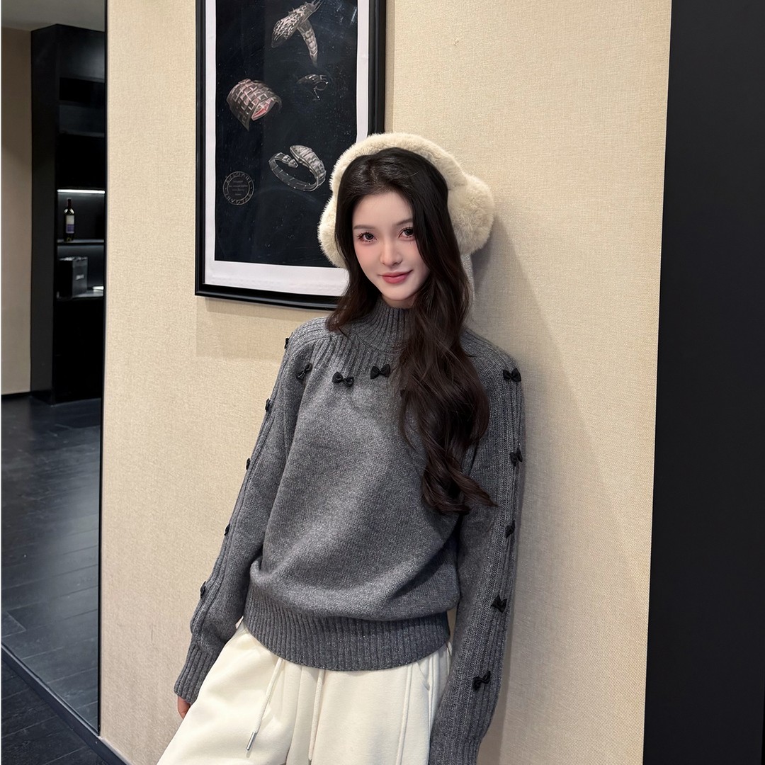 纯色设计感半高领蝴蝶结毛衣女时尚可爱慵懒风长袖针织衫K2-54