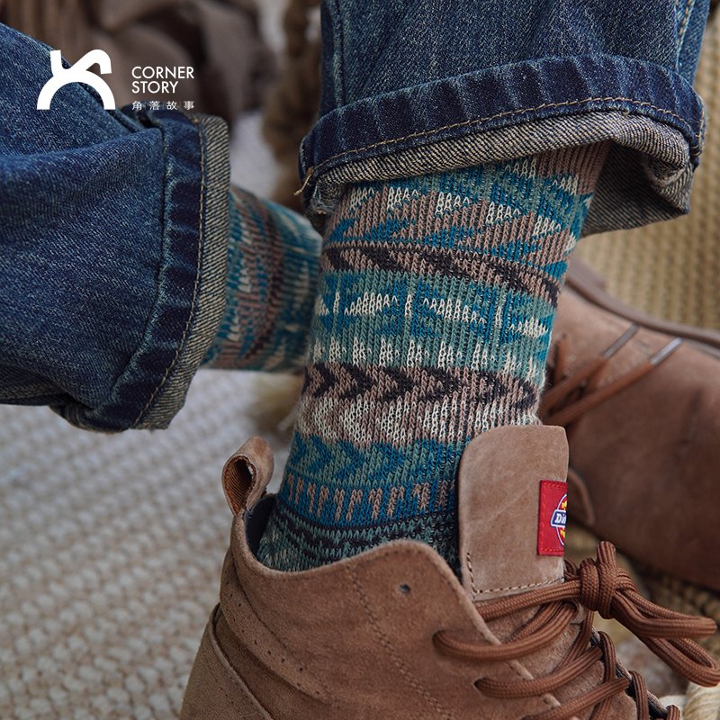 袜子男秋冬咔叽风双针双路精梳棉中筒袜复古提花个性小众高帮长袜