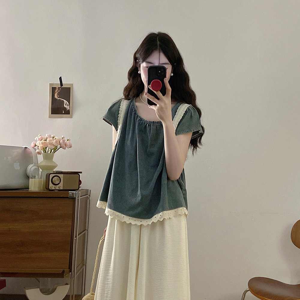 夏季韩系大码微胖短袖牛仔衬衫女宽松显瘦气质外穿百搭减龄上衣潮