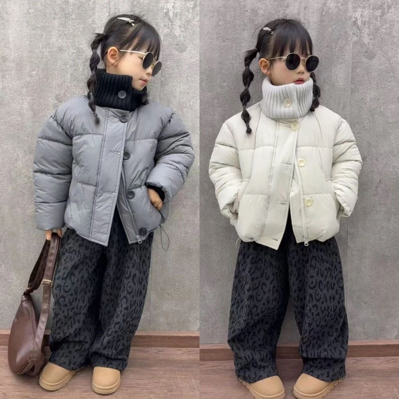 女童冬季新款毛线领棉服韩版中大童女孩休闲棉衣加绒豹纹裤两件套