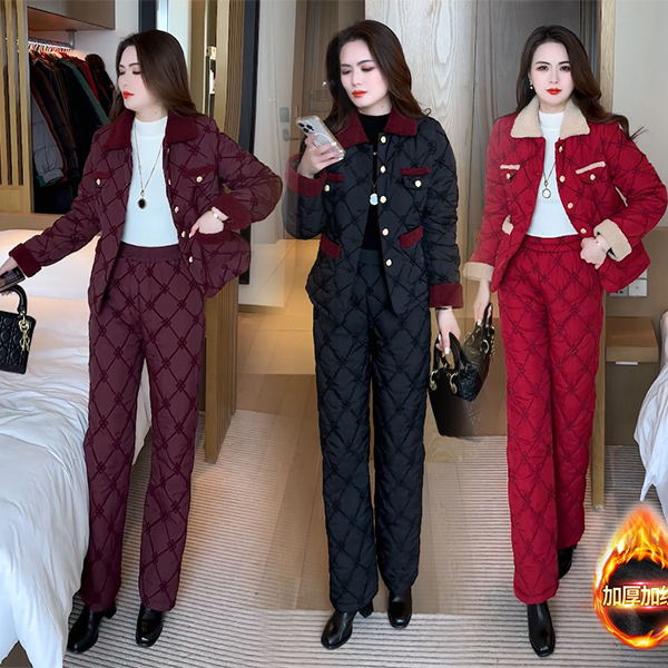 【季颜品牌】冬季新款加厚加绒气质显瘦时尚小香风提花棉服套装48