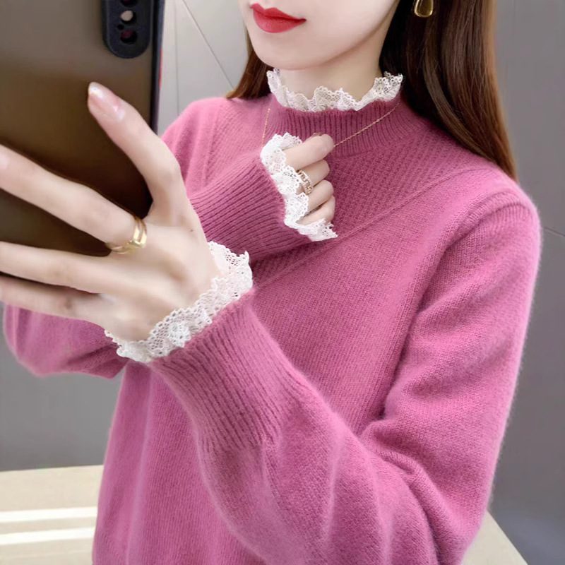 包芯纱蕾丝半高领打底衫秋冬毛衣内搭宽松上衣中领针织衫毛衣女
