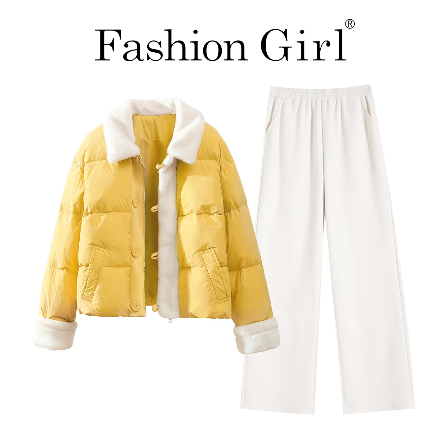 巨好看的两件套冬装女2025新款翻领拼接短款棉服白色裤子套装