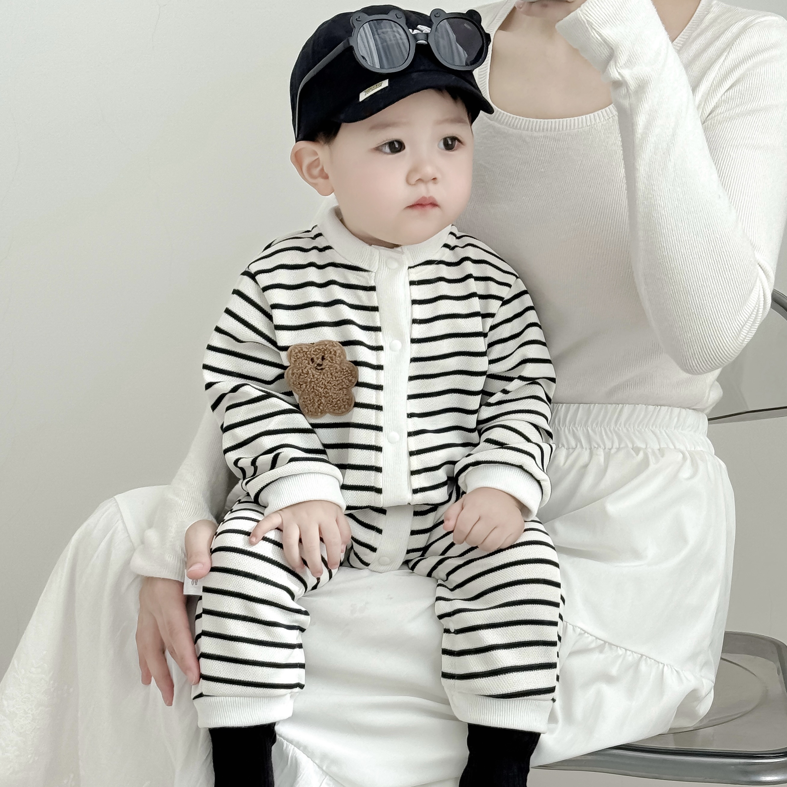 【条纹胖熊】婴儿春秋装连体衣男女宝宝经典细条纹哈衣爬服外出服