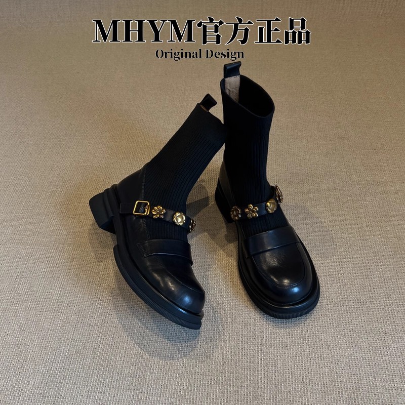 MH官方厚底金属扣弹力短靴复古学院风针织瘦瘦靴女百搭乐福袜靴