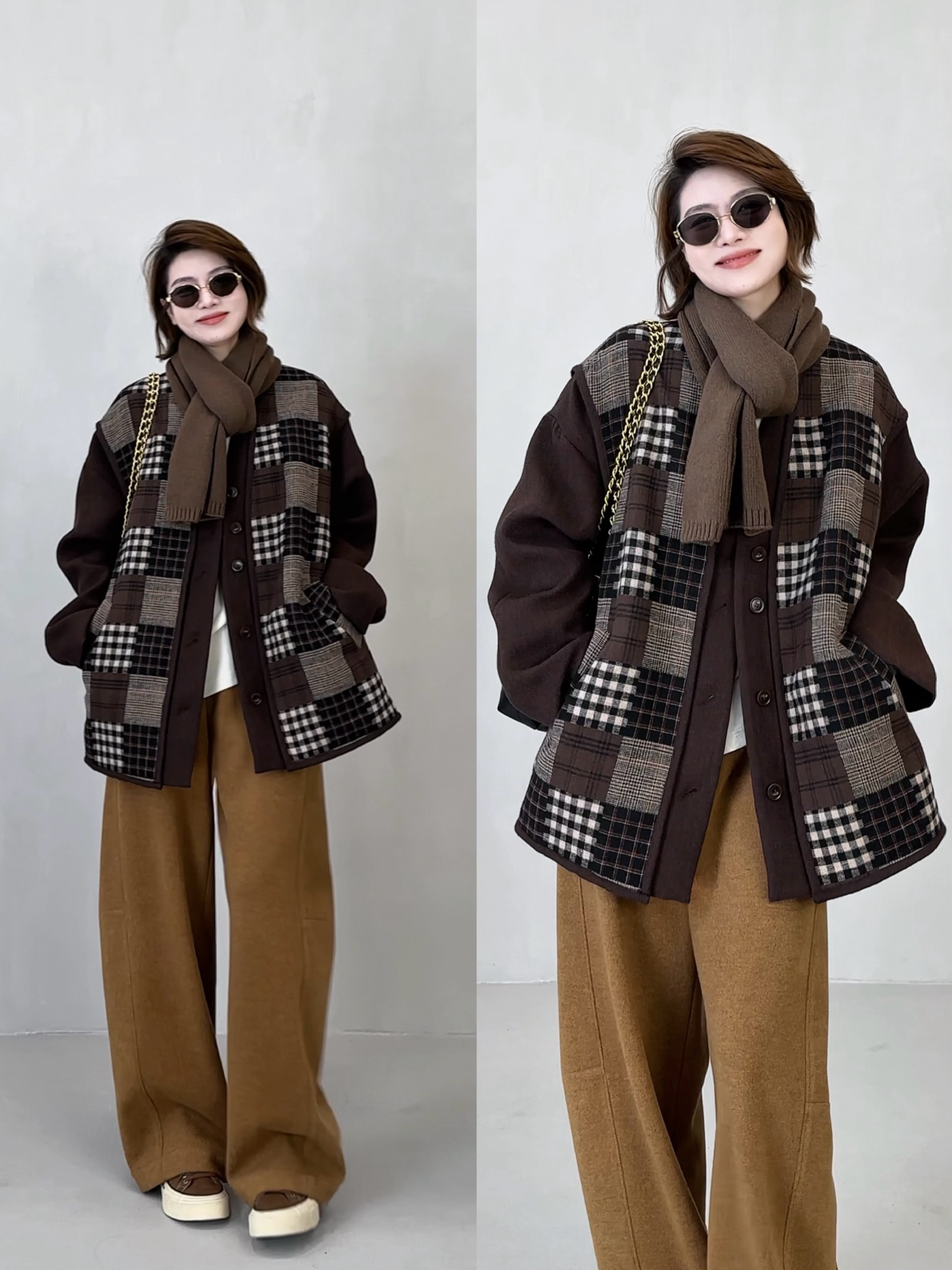 YYOUHAN 2025秋冬【十月沙丘】格纹拼接V领显瘦百搭外套 2509C6026