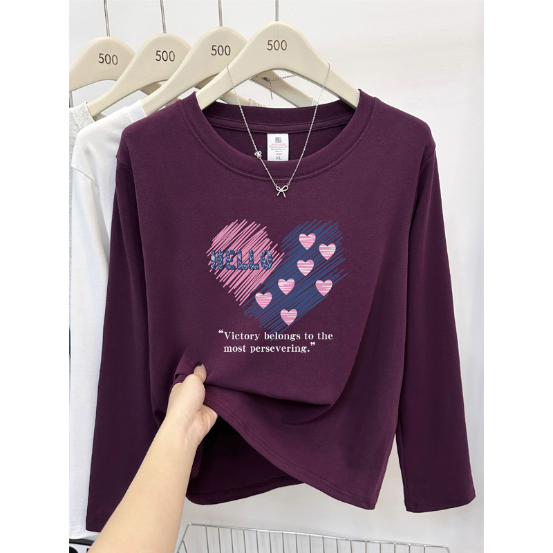 乌梅紫爱心圆领正肩长袖t恤打底衫秋季胖mm大码女装200斤遮肉上衣