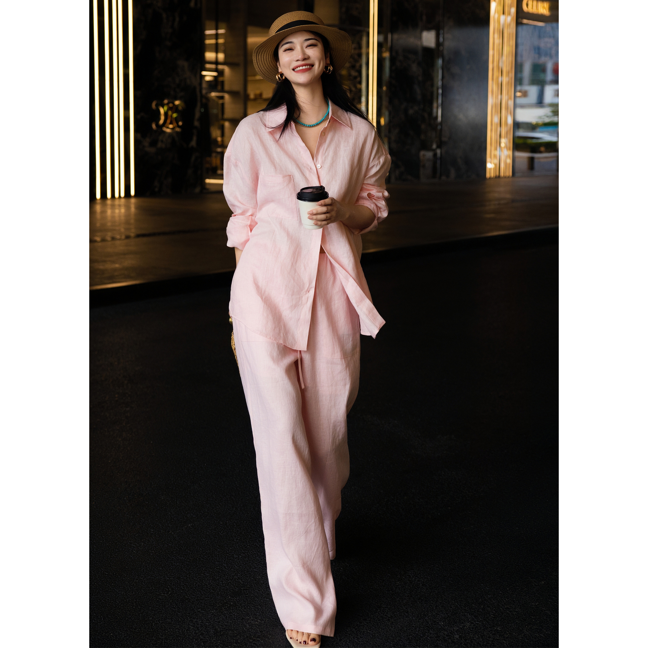ZEROYK时尚松弛感亚麻衬衫套装夏季新款宽松防晒衬衣阔腿裤两件套