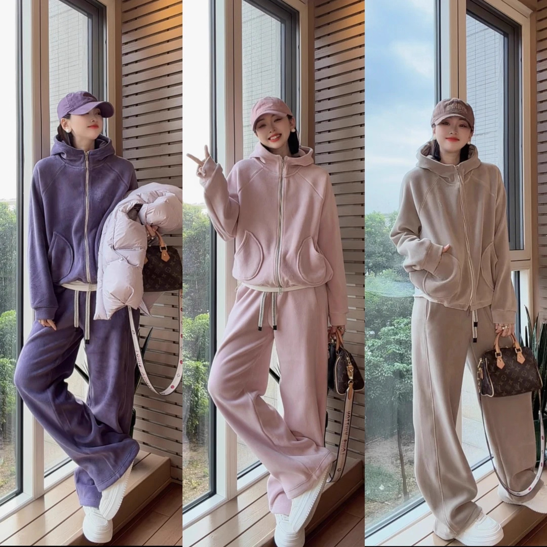 韩版休闲运动套装女2025秋冬双面德绒加厚连帽卫衣外套卫裤两件套