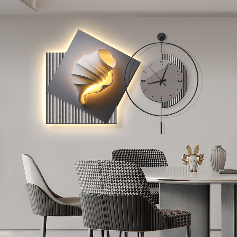 挂钟餐厅装饰画抽象组合led发光灯画现代简约高级感饭厅几何挂画