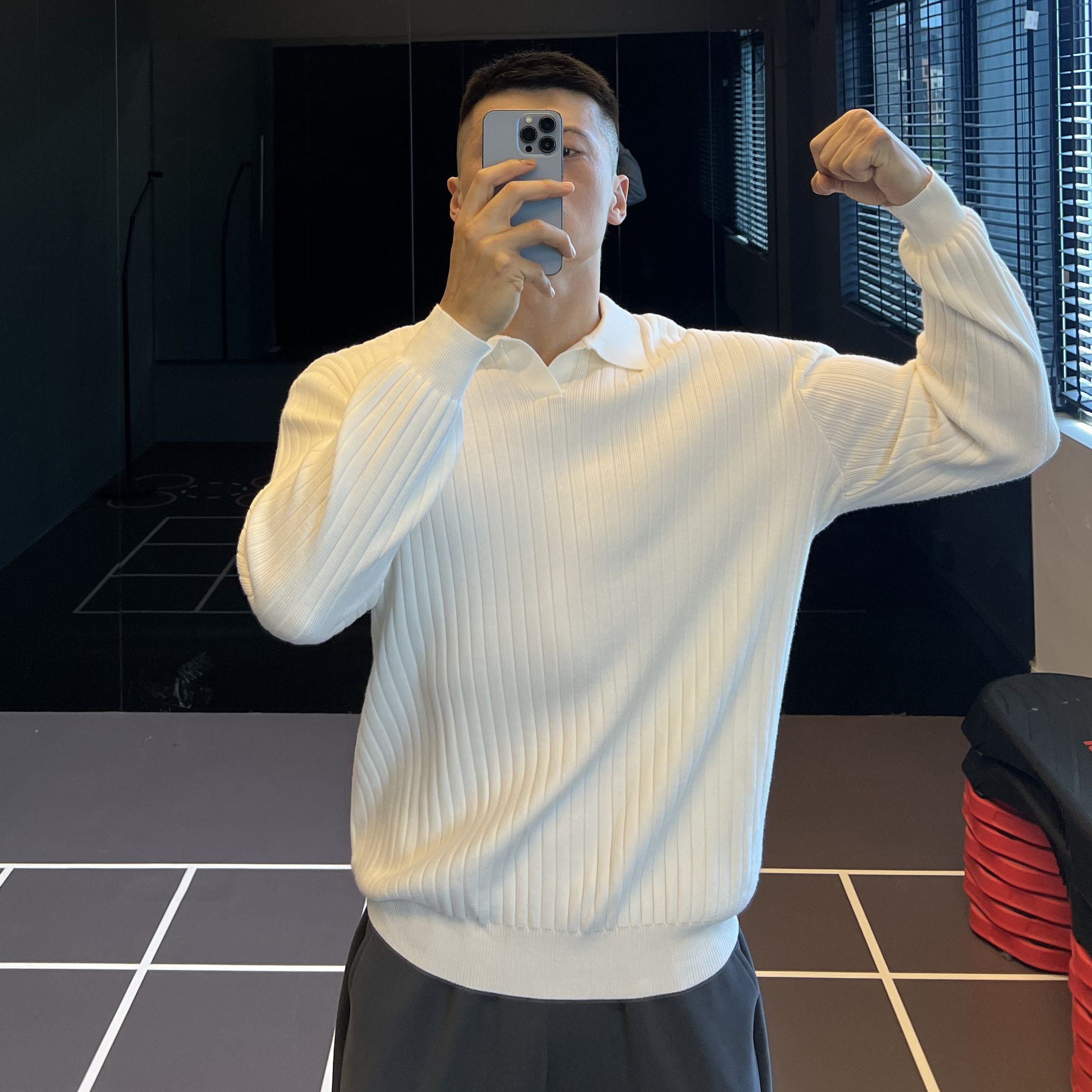 IRONTRAP海鸥领条纹毛衣男内搭针织衫修身纯色polo衫长袖上衣秋冬