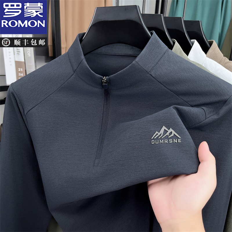 罗蒙秋季新款时尚印花长袖卫衣男士立领半拉链T恤衫休闲运动上衣