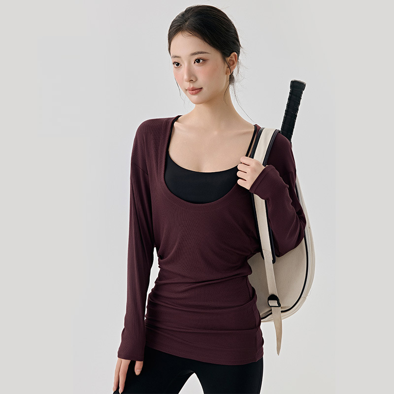 大U领中长款长袖瑜伽服上衣女遮屁股慵懒宽松普拉提运动罩衫外搭