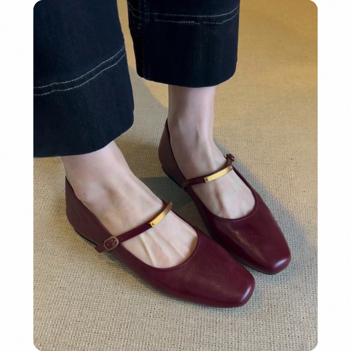 羊皮版~超软真皮鞋子法式平底单鞋女方头复古低跟酒红色玛丽珍鞋