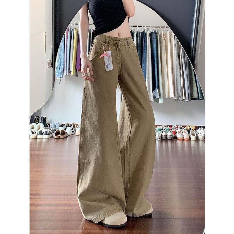 卡其色美式复古直筒工装牛仔裤女高腰显瘦宽松垂感休闲阔腿长裤子