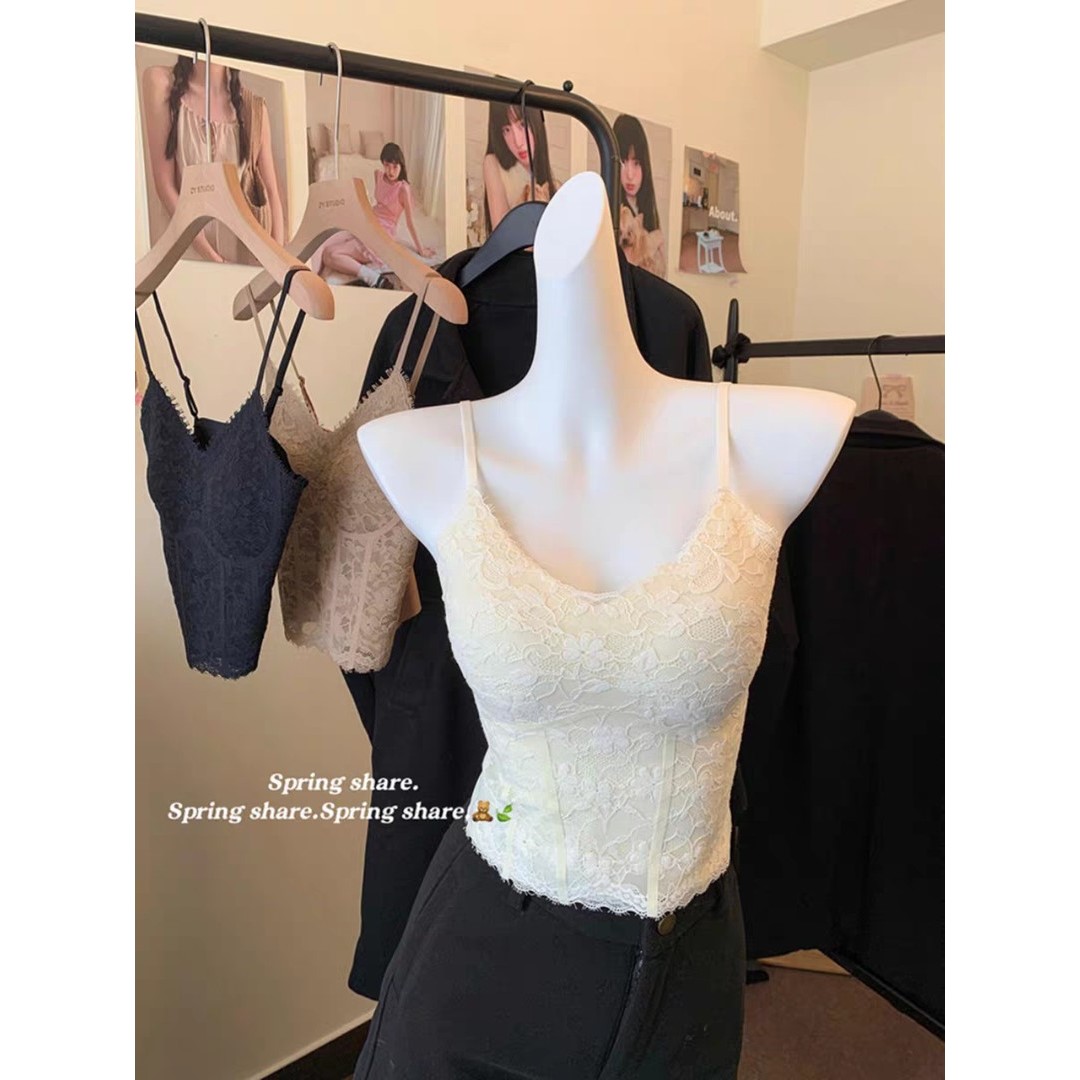 纯欲复古蕾丝小吊带背心女一体带胸垫内搭美背通勤打底2025早秋款