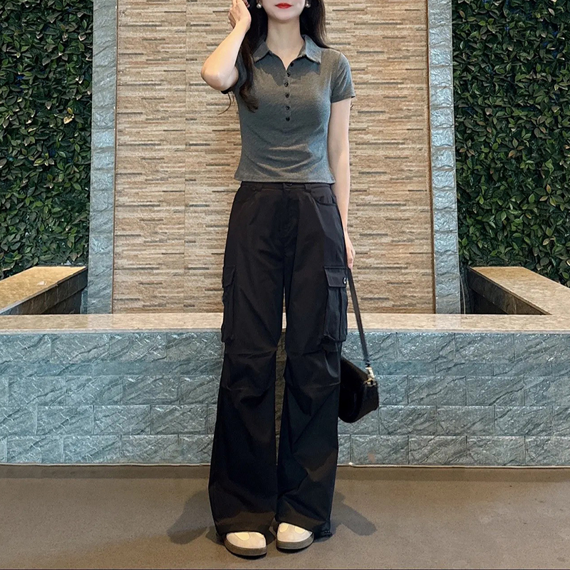 小个子夏季新款洋气衣服女修身显瘦短袖恤上衣高腰工装裤两件套