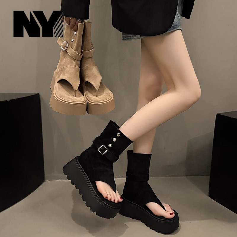 NY厚底罗马凉靴女2025夏季新款小个子夹趾高帮凉鞋增高松糕短靴