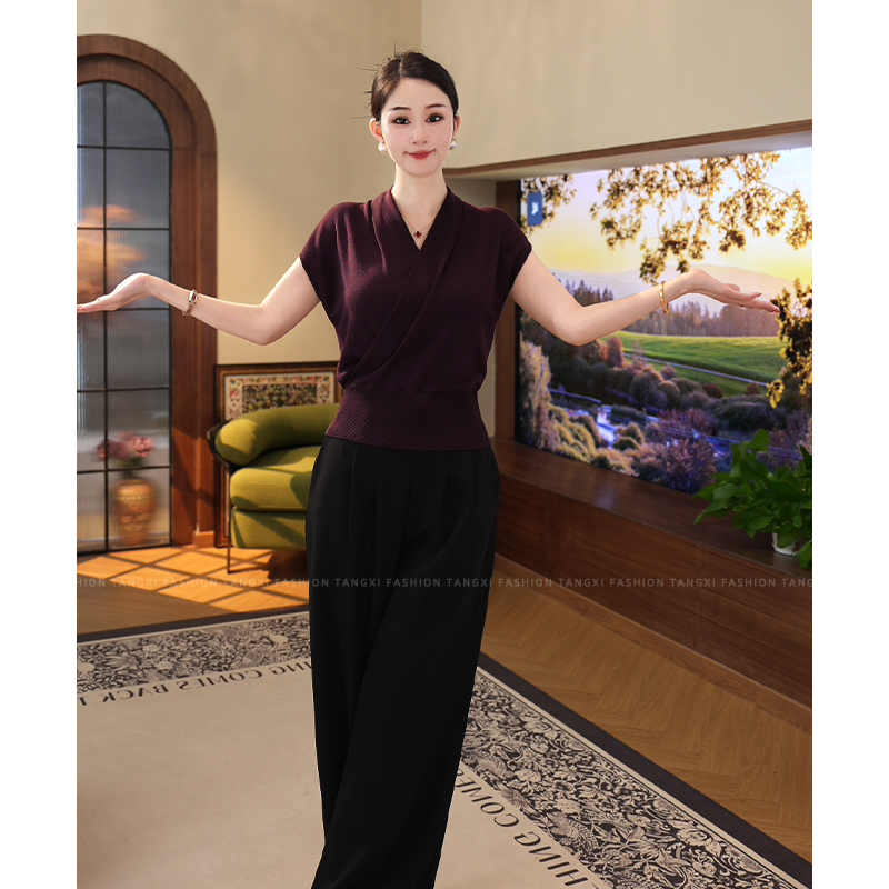 2025夏新款【7546】莱赛尔天丝上衣短袖女装紫色设计感凉快透气v领