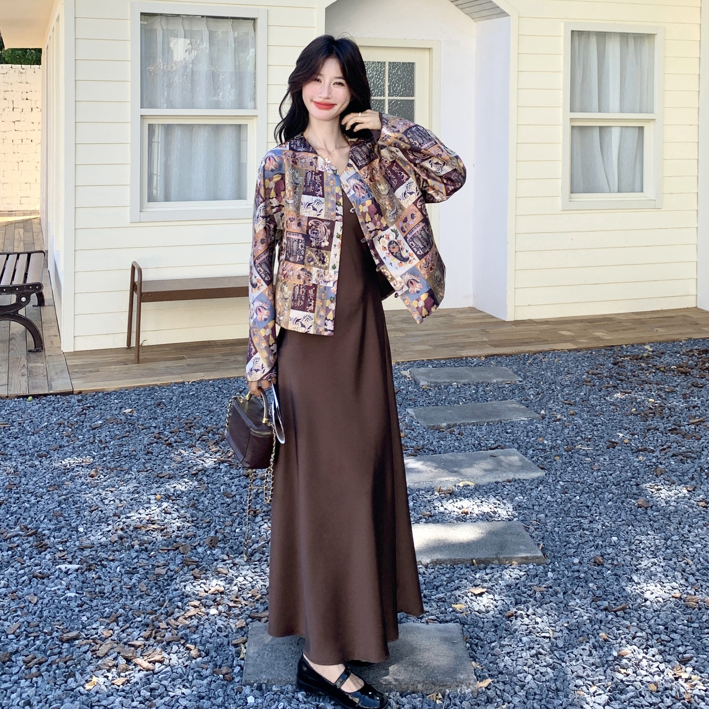 新中式国风时尚气质感套装女秋季新款设计感印花外套吊带裙两件套