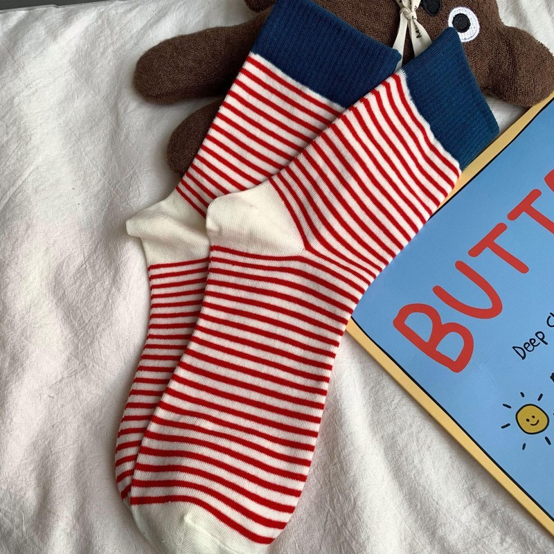 诸暨袜子女纯棉条纹中筒袜时尚韩式东大门秋冬季复古学院风长袜女