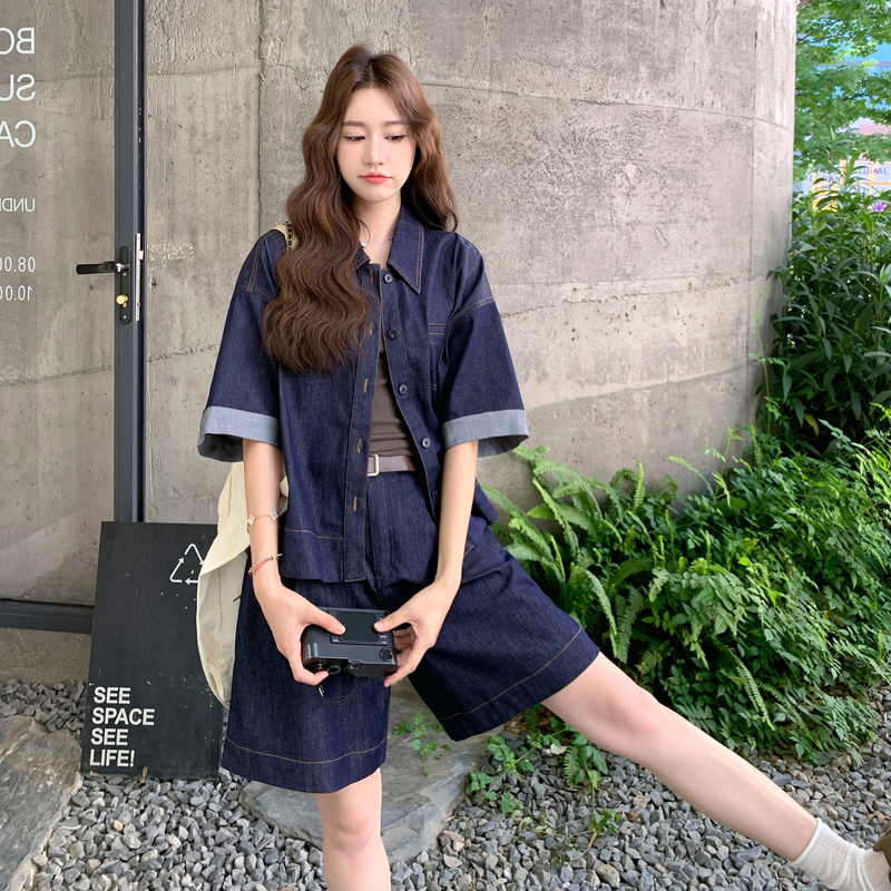 韩范时尚率性盐系穿搭显瘦套装女2025年阔腿新款衬衣五分裤两件套