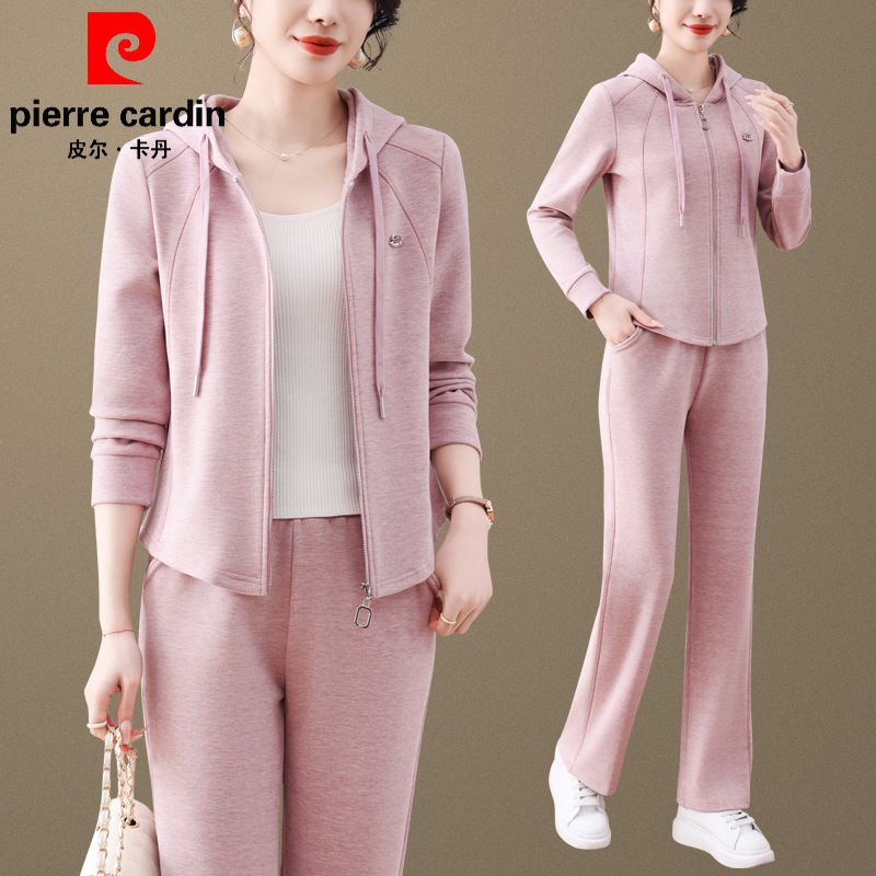 皮尔卡丹运动套装女纯色休闲妈妈装帽卫衣2025春秋减龄显瘦两件套