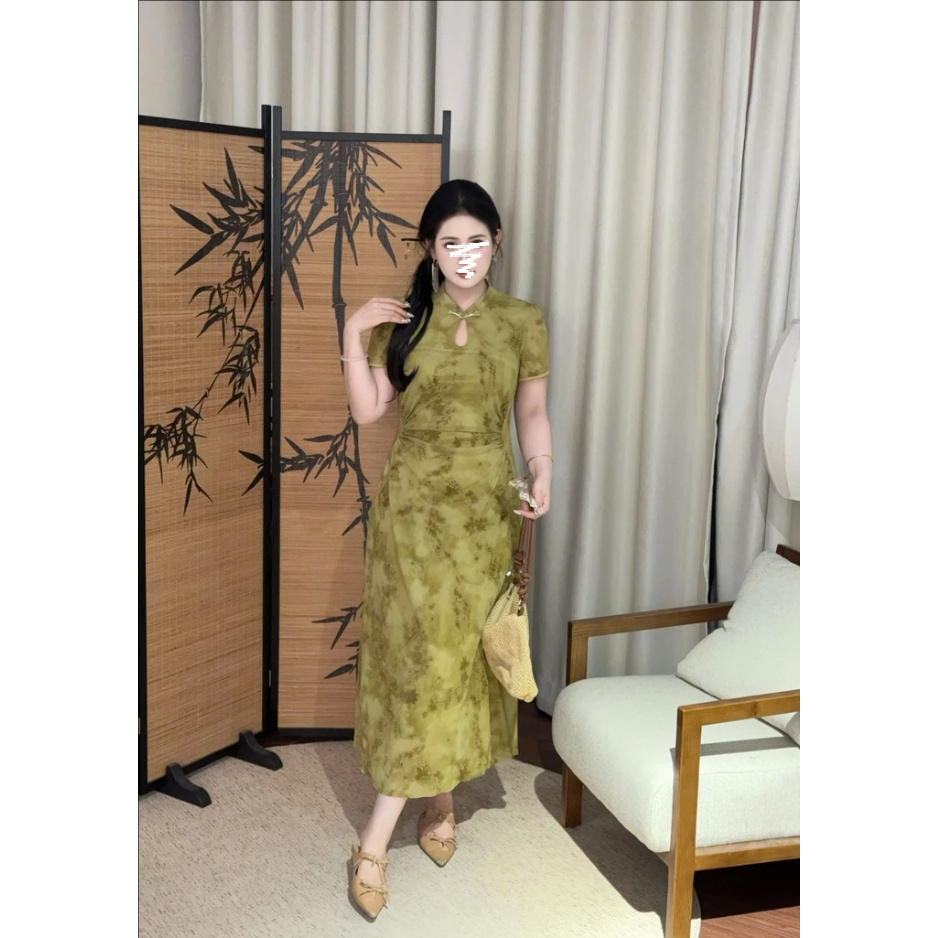 【嘎嘎】大码胖mm夏季新款收腰新中式气质短袖连衣裙3304#